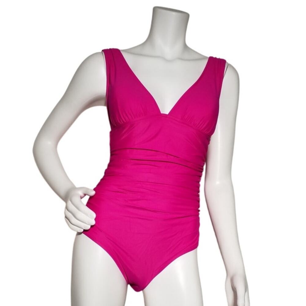 J Crew Womens Sz 14 Ruched Vneck One Piece Low Cut Leg High Rise Back Pink BC116